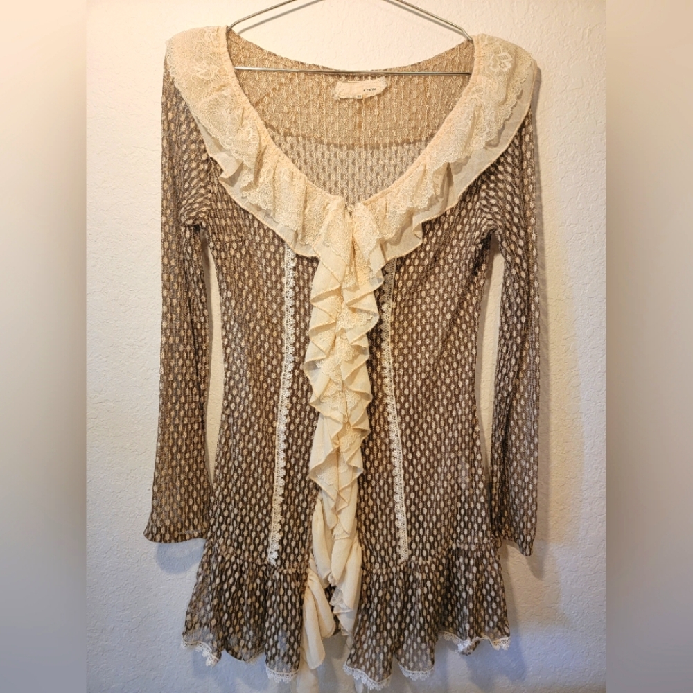 A'reve Sheer Lace Ruffle Buttoned Top